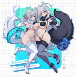 2girls animal_ear_fluff animal_ears bare_shoulders blue_archive blue_eyes blue_scarf blush bow breasts cleavage cosplay cross_hair_ornament elbow_gloves extra_ears fate/grand_order fate_(series) full_body fur-trimmed_gloves fur-trimmed_thighhighs fur_collar fur_trim gloves grey_gloves grey_hair grey_panties grey_thighhighs hair_ornament halo highres large_breasts long_hair looking_at_viewer mash_kyrielight mash_kyrielight_(dangerous_beast) mash_kyrielight_(dangerous_beast)_(cosplay) medium_breasts medium_hair multiple_girls navel nolmo o-ring panties revealing_clothes scarf shiroko_(blue_archive) shiroko_terror_(blue_archive) sidelocks tail thighhighs underwear white_gloves white_panties white_thighhighs wolf_ears wolf_tail
