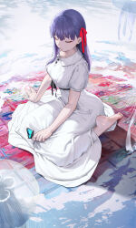 1girl absurdres bare_arms barefoot bug butterfly closed_eyes fate/stay_night fate_(series) feet full_body hair_ribbon heaven&#039;s_feel highres insect long_hair matou_sakura no_shoes purple_hair red_ribbon ribbon sitting skirt soles tooku0 white_skirt