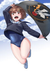 1girl 502nd_joint_fighter_wing_(emblem) absurdres blue_one-piece_swimsuit blue_sky brave_witches brown_eyes brown_hair cloud cloudy_sky flag full_body hair_ornament hairclip happy hasegawa_(hase_popopo) highres holding holding_flag jumping karibuchi_hikari one-piece_swimsuit open_mouth sailor_collar school_swimsuit school_uniform shoes short_hair sky solo swimsuit swimsuit_under_clothes teeth upper_teeth_only white_sailor_collar white_shoes world_witches_series