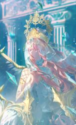 1girl absurdres architecture artist_request blunt_bangs chinese_commentary closed_eyes closed_mouth collared_dress commentary_request cowboy_shot crown crystal detached_sleeves dress expressionless fishnets floating_hair frilled_dress frilled_sleeves frills gold_crown greco-roman_architecture halo halter_dress halterneck high_collar highres indoors lace-trimmed_veil lace_trim lace_veil light_frown light_particles long_hair long_sleeves miracle_nikki mixed-language_commentary nikki_(nikki) nikki_(series) own_hands_together pillar pink_hair praying second-party_source see-through_clothes see-through_veil solo spanish_commentary sparkle spiked_halo standing veil very_long_hair white_dress white_sleeves white_veil wide_sleeves wind yellow_halo