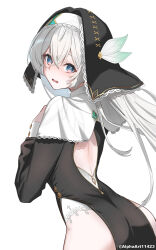 1girl absurdres alphaart alternate_costume ass back_cutout black_dress black_veil blue_pupils blush clothing_cutout commentary cowboy_shot dress firefly_(honkai:_star_rail) from_behind green_eyes grey_hair hair_between_eyes highres honkai:_star_rail honkai_(series) long_hair long_sleeves looking_at_viewer looking_back median_furrow nun open_mouth paid_reward_available simple_background solo veil white_background
