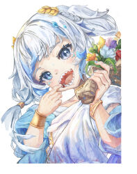 1girl absurdres ancient_greek_clothes bangle blue_dress blue_eyes blue_nails blue_streaks bouquet bracelet bracer braid chinese_commentary commentary_request dress finger_in_own_mouth flower gawr_gura gawr_gura_(party_dress) gold_choker gradient_clothes greco-roman_clothes highres holding holding_bouquet hololive hololive_english jewel_under_eye jewelry looking_at_viewer maskcat mouth_pull multicolored_hair sharp_teeth solo streaked_hair teeth twintails upper_body virtual_youtuber white_dress white_hair