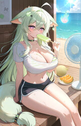 1girl absurdres ahoge animal_ear_fluff animal_ears arm_support beach bikini bikini_under_clothes black_shorts blue_sky breasts cleavage clover_hair_ornament collarbone commentary commission crop_top crossed_bangs day dolphin_shorts electric_fan food food_in_mouth fruit green_hair hair_between_eyes hair_ornament hand_up highres holding holding_food holding_popsicle iyusei_02 large_breasts lens_flare light_particles long_hair looking_at_viewer melon melon_slice melting_popsicle navel ocean original outdoors plate popsicle popsicle_in_mouth poster_(object) purple_eyes see-through_clothes see-through_shirt shirt short_shorts short_sleeves shorts sidelocks sitting sky solo spirit stomach striped_bikini striped_clothes sun sunlight sweat swimsuit tail thighs very_long_hair white_bikini white_shirt