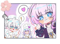 ! 1boy 2girls blue_eyes border castorice_(chrysos_chef)_(honkai:_star_rail) castorice_(honkai:_star_rail) chef_hat chinese_commentary coat commentary_request cyrene_(honkai:_star_rail) dress hat heart highres honkai:_star_rail honkai_(series) long_hair luohanhandewo medium_hair multicolored_hair multiple_girls official_alternate_costume phainon_(chrysos_chef)_(honkai:_star_rail) phainon_(honkai:_star_rail) pink_hair pointy_ears purple_coat purple_hair shirt short_hair spoken_exclamation_mark spoken_heart two-tone_hair white_border white_dress white_hair white_shirt
