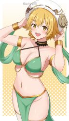 Rule 34 | .hack//, .hack//g.u., armlet, artist name, atoli (.hack//), bikini, blonde hair, breasts, collarbone, commentary request, commission, english text, gradient background, green bikini, hat, hat tassel, highres, jewelry, large breasts, looking at viewer, navel, open mouth, pelvic curtain, smile, surippa1010, swimsuit, teeth, thighhighs, thighs, twitter username, upper teeth only, white hat, yellow eyes