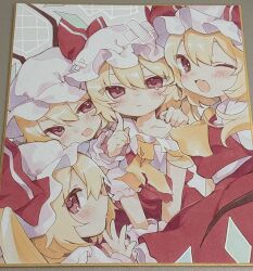 Rule 34 | 4girls, :d, ;d, ascot, bandaid, bandaid on head, blonde hair, blush, collared shirt, commentary request, crossed bandaids, fang, flandre day, flandre scarlet, four of a kind (touhou), hair between eyes, hand on another&#039;s shoulder, hashtag-only commentary, hat, hat ribbon, highres, long hair, looking at viewer, marker (medium), mob cap, moni monico, multiple girls, one eye closed, open mouth, puffy short sleeves, puffy sleeves, red eyes, red ribbon, red skirt, red vest, ribbon, shirt, short sleeves, skin fang, skirt, smile, tearing up, torn ascot, torn clothes, touhou, traditional media, vest, white hat, white shirt, wings, wrist cuffs, yellow ascot