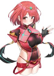 1girl absurdres blush bob_cut breasts chest_jewel covered_navel cropped_legs fingerless_gloves gloves highres impossible_clothes large_breasts looking_to_the_side micro_shorts pigekn2 pyra_(xenoblade) red_eyes red_hair red_shorts short_hair shorts skindentation solo suspenders_hanging swept_bangs tiara white_background xenoblade_chronicles_(series) xenoblade_chronicles_2