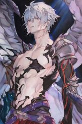 Rule 34 | armor, belt, blue eyes, bright pupils, g sannnn, granblue fantasy, grey hair, hair between eyes, highres, looking at viewer, lucilius (granblue fantasy), multiple wings, muscular, muscular male, navel, purple belt, scar, scar on neck, short hair, shoulder armor, upper body, white pupils, wings