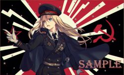 Rule 34 | 1girl, black background, black cape, black necktie, blonde hair, blue eyes, cape, collar chain (jewelry), dress shirt, english text, epaulettes, facing to the side, finger gun, gloves, hat, jacket, kotomeiro, long hair, medal, medallion, military hat, military jacket, military uniform, necktie, original, outstretched arm, parted bangs, peacoat, pointing, red background, scabbard, sheath, shirt, turning head, two-tone background, white gloves, white shirt