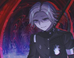 Rule 34 | 1boy, abstract background, aotsuki eito, armband, artist name, black jacket, blue eyes, chromatic aberration, commentary, empty eyes, film grain, glasses, grey hair, highres, izumi 481, jacket, last defense academy school uniform, male focus, school uniform, shaded face, short hair, smile, solo, symbol-only commentary, the hundred line -last defense academy-, upper body, white armband