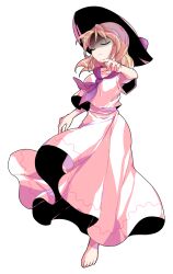 1girl arm_at_side armpit_peek barefoot closed_eyes closed_mouth commentary_request dairi feet full_body hat highres large_variant_set long_skirt louise_(touhou) medium_hair neckerchief orange_hair outstretched_arm pink_shirt pink_skirt purple_neckerchief shaded_face shirt shirt_overhang short_sleeves simple_background skirt solo split_mouth standing standing_on_one_leg toes touhou touhou_(pc-98) transparent_background v-shaped_eyebrows variant_set wide_sleeves