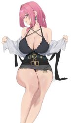 1girl absurdres black-framed_eyewear black_skirt breasts criss-cross_straps earrings glasses high-waist_skirt highres hourglass_earrings jaihu large_breasts pencil_skirt pink_eyes pink_hair shirt simple_background skirt solo tsukishiro_yanagi undressing white_background white_shirt zenless_zone_zero