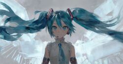1girl arm_tattoo backlighting black_sleeves blue_eyes blue_hair blue_necktie blush detached_sleeves floating_hair frilled_shirt_collar frills grey_shirt hair_ornament hatsune_miku hatsune_miku_happy_16th_birthday_-dear_creators- headset highres long_hair looking_at_viewer necktie shadow shirt sleeveless sleeveless_shirt smile solo tattoo tie_clip twintails vocaloid yyb