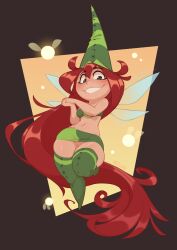 1girl bare_shoulders betilla black_border black_eyes border breasts cleft_of_venus curvy fairy fairy_wings full_body gradient_background green_hat green_skirt green_thighhighs hat highres huffslove long_hair medium_breasts midriff miniskirt navel no_panties pussy rayman_(series) rayman_origins red_hair shortstack skirt smile solo standing strapless thick_thighs thighhighs thighs tube_top uncensored very_long_hair wide_hips wings yellow_background