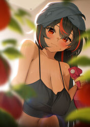 bare_shoulders black_hair bottle breasts ett highres large_breasts leaning_forward long_hair multicolored_hair navel red_eyes red_hair spray_bottle sweat tagme tank_top towel towel_on_head zenless_zone_zero zhu_yuan