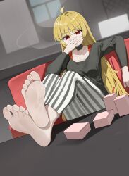 1girl absurdres barefoot blonde_hair bocchi_the_rock! cigarette dddm feet highres ijichi_seika long_hair looking_at_viewer red_eyes smoking soles toes