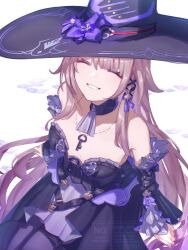 1girl ^_^ ascot bare_shoulders black_choker black_dress black_hat brown_hair choker closed_eyes detached_sleeves dress flower grin hashtag-only_commentary hat hat_flower herta_(honkai:_star_rail) highres honkai:_star_rail honkai_(series) purple_flower simple_background smile solo strapless strapless_dress suwa_(swk_kkk) the_herta_(honkai:_star_rail) upper_body white_background