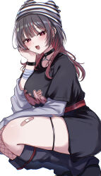 1girl absurdres bandaid bandaid_on_leg belt black_choker black_dress black_hair black_hat bracelet breasts bright_pupils choker dress ear_piercing hat highres jewelry long_hair multicolored_hair open_mouth original piercing red_belt red_eyes red_hair safety_pin shinzousan single_fishnet_legwear spiked_bracelet spikes squatting streaked_hair striped_hat thigh_strap white_background white_hat white_pupils