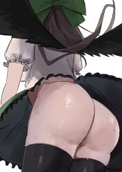 1girl absurdres ass ass_focus black_thighhighs black_wings bow brown_hair commentary_request cookie_(touhou) cowboy_shot feathered_wings frilled_skirt frills from_behind from_below green_bow green_skirt hair_bow highres long_hair looking_afar nadeko_(cookie) no_panties noukou_tonkotsu_korokke puffy_short_sleeves puffy_sleeves reiuji_utsuho shirt short_sleeves simple_background skirt solo thighhighs touhou white_background white_shirt wings