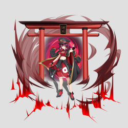 1girl absurdres alternate_costume black_coat clothes_around_waist coat commentary_request crack cracked_floor fingerless_gloves gloves hair_tubes hakurei_reimu hat high_heels highres jacket jacket_around_neck jacket_around_waist midriff military_hat military_uniform navel purple_hair red_eyes red_shirt red_shoes red_skirt shadow shiguang_wuxia shirt shoes simple_background skirt solo swirl torii touhou white_background yin_yang yin_yang_print