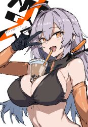 1girl ahoge black_bra black_gloves blush bra breasts bright_pupils bubble_tea bubble_tea_challenge cleavage drinking_straw girls&#039;_frontline gloves grey_hair hashtag-only_commentary highres long_hair looking_at_viewer open_mouth orange_eyes r_scrubed simple_background smile solo spectre_m4_(girls&#039;_frontline) underwear v white_background white_pupils