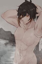 1boy abs cykuromi genshin_impact long_hair looking_at_viewer nipples nude solo solo_focus topless_male twitter zhongli_(genshin_impact)