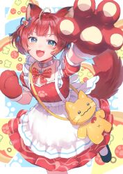 1girl ahoge akami_karubi animal_ears animal_hands apron blue_eyes blush bow bowtie collar commentary_request crazy_raccoon dress fangs gloves hair_ribbon heart heart_in_eye highres kaneko_norihiko looking_at_viewer open_mouth paw_gloves red_bow red_bowtie red_dress red_hair ribbon solo stuffed_animal stuffed_toy symbol_in_eye virtual_youtuber waist_apron