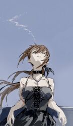 1girl against_railing against_wall bare_shoulders black_collar black_dress blue_bow blue_sky bow cigarette closed_eyes collar collarbone cross-laced_clothes cross-laced_dress dress green_hair hair_bow head_back highres holding holding_cigarette long_hair minakami_yuki parted_lips ponytail railing sidelocks sky smoke smoking solo strapless strapless_dress subarashiki_hibi taki_(a313131333) very_long_hair