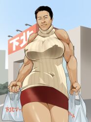 1futa black_hair blue_sky futanari highres manatsu_no_yo_no_inmu red_skirt skirt sky supermarket yajuu_senpai