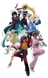 Rule 34 | 2girls, 4boys, adapted costume, ahoge, alternate costume, alternate skin color, androgynous, antenna hair, armband, bag, bakugan, bakugan battle brawlers, bell-bottoms, belt, between fingers, black coat, black gloves, black hair, black pants, blonde hair, blue-framed eyewear, blue eyes, blue jacket, brown hair, card, coat, commentary, cropped jacket, cropped vest, dark-skinned female, dark skin, earrings, english commentary, expressionless, eyeshadow, fingerless gloves, full body, gloves, goggles, goggles on head, green jacket, grin, hand to head, hand up, heart, heart earrings, highres, holding, holding card, hood, hooded jacket, jacket, jewelry, julie heyward, kazami shun, knee up, kuusou danma, leg up, long hair, looking at viewer, looking to the side, makeup, marukura marucho, masquerade (bakugan), misaki runo, multiple belts, multiple boys, multiple girls, one eye closed, open mouth, pale skin, pants, pink eyeshadow, pink pants, pink shoes, pink shorts, pink vest, platform shoes, ponytail, red-framed eyewear, red eyes, red gloves, red jacket, red pants, redesign, satchel, semi-rimless eyewear, shirt, shoes, short hair, short sleeves, shorts, smile, spiked hair, sunglasses, the-fridge-orange, triangular eyewear, twintails, two-tone pants, very dark skin, very long hair, vest, white coat, white gloves, white shoes, yellow shirt