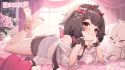 1girl absurdres barefoot black_hair black_shorts bow closed_mouth commentary_request curtains feet flower frilled_cuffs frilled_shorts frills hair_ornament highres horns indie_virtual_youtuber jliaan looking_at_viewer lying on_stomach red_eyes short_hair short_shorts shorts smile soles solo stuffed_toy the_pose toes virtual_youtuber x_hair_ornament