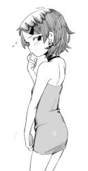1girl bare_shoulders blush choker dress ear_piercing erika_(kusa_mori) greyscale kusamori looking_at_viewer looking_back monochrome original piercing short_dress short_hair sketch solo strapless strapless_dress