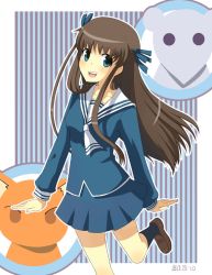 1girl :d blue_background blue_eyes blue_ribbon blue_skirt brown_footwear brown_hair cat fruits_basket hair_ribbon half_updo honda_tooru leg_up long_sleeves mouse_(animal) open_mouth ribbon risako_(gladyfaith) school_uniform serafuku shoes skirt smile sohma_kyou sohma_yuki striped_background vertical_stripes