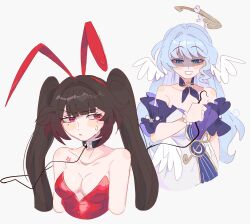 2girls bare_shoulders black_choker black_hair blue_hair breasts chest_tattoo choker cleavage commentary detached_sleeves dress english_commentary facial_mark grey_background head_wings highres honkai:_star_rail honkai_(series) long_hair mark_under_both_eyes multiple_girls red_eyes robin_(honkai:_star_rail) short_sleeves simple_background small_breasts sparkle_(honkai:_star_rail) tattoo twintails unfamousradish very_long_hair white_dress wings