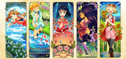 5girls alternate_costume art_nouveau character_name column_lineup copyright_name creatures_(company) dawn_(pokemon) closed_eyes facing_viewer flower game_freak gen_1_pokemon goldeen grin hair_flower hair_ornament holding holding_poke_ball iris_(pokemon) looking_at_viewer lying may_(pokemon) misty_(pokemon) multiple_girls nintendo on_back open_mouth poke_ball poke_ball_(basic) pokemon pokemon_(anime) pokemon_(classic_anime) pokemon_(creature) pokemon_bw_(anime) pokemon_dppt_(anime) pokemon_rse_(anime) sasairebun serena_(pokemon) smile sunflower