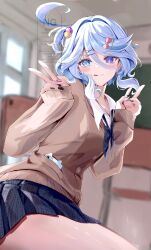 1girl :q alternate_costume black_nails blue_eyes blue_hair bow bowtie brown_cardigan cardigan classroom collared_shirt commentary cowlick double_v drop-shaped_pupils furina_(genshin_impact) genshin_impact hair_between_eyes hair_bow hair_intakes hair_ornament hairclip heterochromia highres i3my_y indoors long_sleeves looking_at_viewer looking_to_the_side miniskirt multicolored_hair nail_polish pink_bow plaid_bow plaid_bowtie plaid_clothes plaid_skirt pleated_skirt shirt skirt sleeves_past_wrists solo streaked_hair symbol-only_commentary symbol-shaped_pupils tongue tongue_out two-tone_hair v white_hair white_shirt