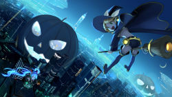 2girls aqua_eyes aqua_hair beek blonde_hair blue_theme broom broom_riding cape cityscape hair_ornament hairclip halloween hat hatsune_miku highres jack-o&#039;-lantern kagamine_rin long_hair multiple_girls night pumpkin scenery short_hair skirt smile twintails vocaloid witch_hat