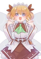 1girl :d absurdres ascot blue_eyes commentary fairy fairy_wings fang frilled_skirt frills green_ascot gumingdi_ban hair_ribbon headdress highres long_sleeves medium_hair open_mouth orange_hair red_ribbon red_skirt ribbon shirt skin_fang skirt smile solo sunny_milk touhou two_side_up white_shirt wide_sleeves wings