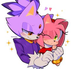 amy_rose animal_ears animal_nose blaze_the_cat blush cat_ears cat_girl dokukiui eyelashes forehead_jewel fur-trimmed_gloves fur_trim furry furry_female gloves green_eyes hairband heart hedgehog_girl high_ponytail holding_hands looking_at_another multiple_girls one_eye_closed pink_fur pink_hair ponytail purple_fur purple_hair purple_shirt red_hairband red_shirt shirt simple_background smile sonic_(series) sparkle upper_body white_background white_gloves yellow_eyes yuri