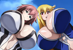 2girls astraea_(sora_no_otoshimono) blonde_hair breasts closed_mouth cloud dimension252525 from_below green_eyes huge_breasts ikaros long_hair looking_at_viewer looking_down low_twintails multiple_girls open_mouth pink_hair red_eyes revealing_clothes self-upload shiny_skin short_hair_with_long_locks sky smile sora_no_otoshimono twintails upper_body