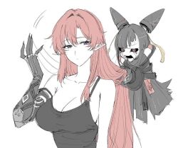 1girl artist_request bad_link breasts cleavage collarbone hair_down long_hair mechanical_hands pointy_ears purple_eyes red_hair simple_background source_request third-party_source upper_body white_background wuthering_waves yinlin_(wuthering_waves) zapstring_(wuthering_waves)