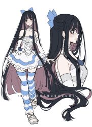 1girl blue_hair blunt_bangs bow colored_inner_hair criis-chan dress hair_bow long_hair multicolored_hair panty_&amp;_stocking_with_garterbelt pink_hair simple_background solo stocking_(psg) striped_clothes striped_thighhighs thighhighs two-tone_hair very_long_hair white_background