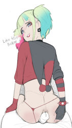 Rule 34 | anal, anus, bikini, bikini lift, clothes lift, dc comics, grapeforwine, harley quinn, harley quinn (suicide squad isekai), highres, sitting on penis, suicide squad, suicide squad isekai, swimsuit, uncensored, vanilla, white background