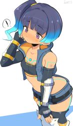 ! 1girl armpit_crease black_thighhighs blue_hair blue_shorts blue_vest blush body_markings breasts butt_crack collarbone commentary glowing_lines glowing_markings highres jellcaps open_clothes open_vest purple_eyes sena_(xenoblade) shorts side_ponytail small_breasts solo spoken_exclamation_mark standing sweat thighhighs vest xenoblade_chronicles_(series) xenoblade_chronicles_3