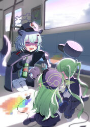 Rule 34 | 3girls, absurdres, animal ears, black hat, blue archive, blue hair, bottle, censored, commentary request, demon girl, demon tail, green hair, green halo, grey halo, halo, hat, highres, hikari (blue archive), holding, holding bottle, homuri (homuri ), korean commentary, long hair, long sleeves, mosaic censoring, multiple girls, nozomi (blue archive), on floor, open mouth, peaked cap, pointy ears, shigure (blue archive), short hair, siblings, squatting, tail, teeth, train interior, twins, upper teeth only, vomit, vomiting rainbows, weasel ears, weasel girl, weasel tail, wide sleeves