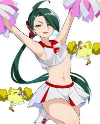 1girl bow breasts cheerleader convenient_censoring crop_top game_freak gen_7_pokemon genjitsu_o_miro green_hair hair_bow highres looking_at_viewer midriff navel nintendo open_mouth oricorio oricorio_(pom-pom) pokemon pokemon_(creature) pokemon_sv ponytail red_bow red_eyes rika_(pokemon) skirt small_breasts sweat white_skirt white_sneakers
