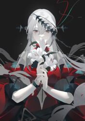 1girl arknights ascot bare_shoulders black_ascot breasts clothing_cutout detached_sleeves dress fingernails fish flower grey_background hair_between_eyes hair_ornament holding holding_flower infection_monitor_(arknights) long_hair long_sleeves looking_at_viewer medium_breasts nail_polish navel_cutout navvvtis off-shoulder_dress off_shoulder official_alternate_costume red_dress red_eyes red_nails red_ribbon red_sleeves ribbon skadi_(arknights) skadi_the_corrupting_heart_(arknights) solo tropical_fish upper_body very_long_hair white_flower white_hair