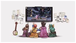 4boys absurdres arm_support bandana banjo belt black_hair brown_hair cape circlet clenched_hand dragon_quest dragon_quest_iii dragon_quest_iv dragon_quest_viii dragon_quest_xi green_hair green_tunic hand_on_another&#039;s_shoulder hero_(dq11) hero_(dq4) hero_(dq8) highres hoes_mad_(meme) instrument male_focus meme mullet multiple_boys nin_nakajima nintendo playing_games pointing purple_cape roto_(dq3) sitting sleeves_rolled_up spiked_hair sticky_note super_smash_bros. tunic whiteboard xenoblade_chronicles_(series) xenoblade_chronicles_1
