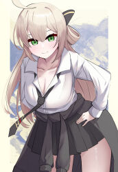 1girl absurdres alternate_costume black_skirt blonde_hair breasts cleavage collarbone cotan_(actancyaga) cowboy_shot duel_monster green_eyes highres jacket large_breasts long_hair miniskirt pleated_skirt shirt skirt sky_striker_ace_-_raye solo tied_jacket white_shirt yu-gi-oh!