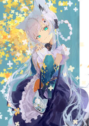 1girl absurdres ahoge animal_ear_fluff animal_ears apron aqua_eyes bag black_tail blue_sleeves blush bow braid braided_hair_rings commentary detached_sleeves extra_ears feet_out_of_frame floral_background fox_ears fox_girl fox_tail framed_breasts gold_osmanthus green_background hair_bow hair_ornament hair_rings highres hololive ichika_(ichika87) layered_skirt long_hair looking_at_viewer maid mandarin_collar multicolored_shirt multicolored_tail official_alternate_costume orange_nails osmanthus qi_maid shirakami_fubuki shirakami_fubuki_(8th_costume) shoulder_bag sidelocks simple_background skirt solo stuffed_toy sukonbu_(shirakami_fubuki) swept_bangs symbol-only_commentary tail twin_braids virtual_youtuber waist_bow white_background white_hair white_tail